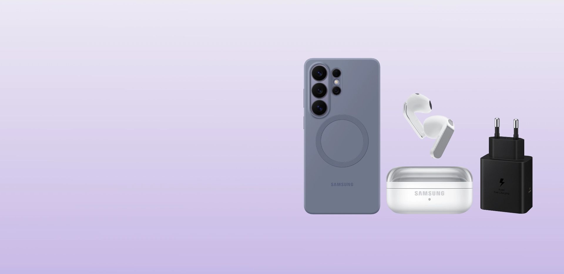 보라색 배경에 갤럭시 S26 울트라 실리콘 마그넷 케이스 블루 바이올렛, 버즈4 화이트, 60W PD 충전기 제품컷이 나란히 서 있는 모습