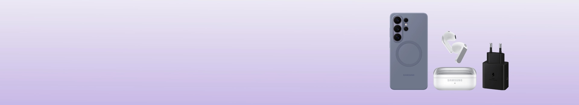 보라색 배경에 갤럭시 S26 울트라 실리콘 마그넷 케이스 블루 바이올렛, 버즈4 화이트, 60W PD 충전기 제품컷이 나란히 서 있는 모습