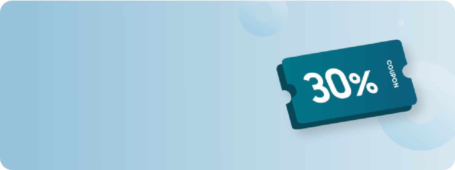 채도가 낮은 청록빛 그라데이션 배경으로 우측에는 '30%' 아이콘이 찍혀져 있는 짙은 청록빛 할인 쿠폰이 있다.