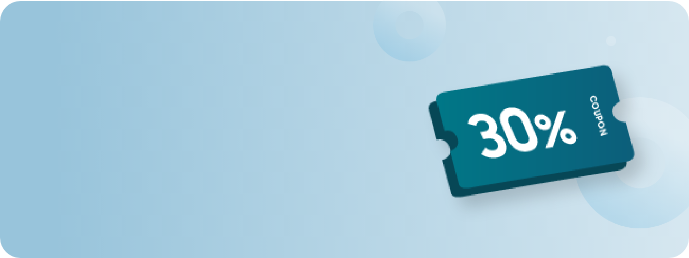 채도가 낮은 청록빛 그라데이션 배경으로 우측에는 '30%' 아이콘이 찍혀져 있는 짙은 청록빛 할인 쿠폰이 있다.