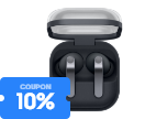 10% 쿠폰 이미지와 버즈5 프로 실버 케이스가 열려있고 이어버드가 들어있는
