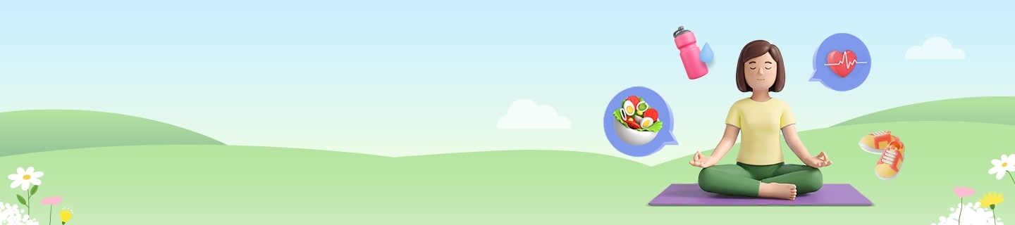 [명상 자세로 요가매트 위에 앉아 있는 여성 캐릭터, 물병, 샐러드, 심박수 그래프, 운동화 아이콘, 푸른 들판과 꽃 배경]