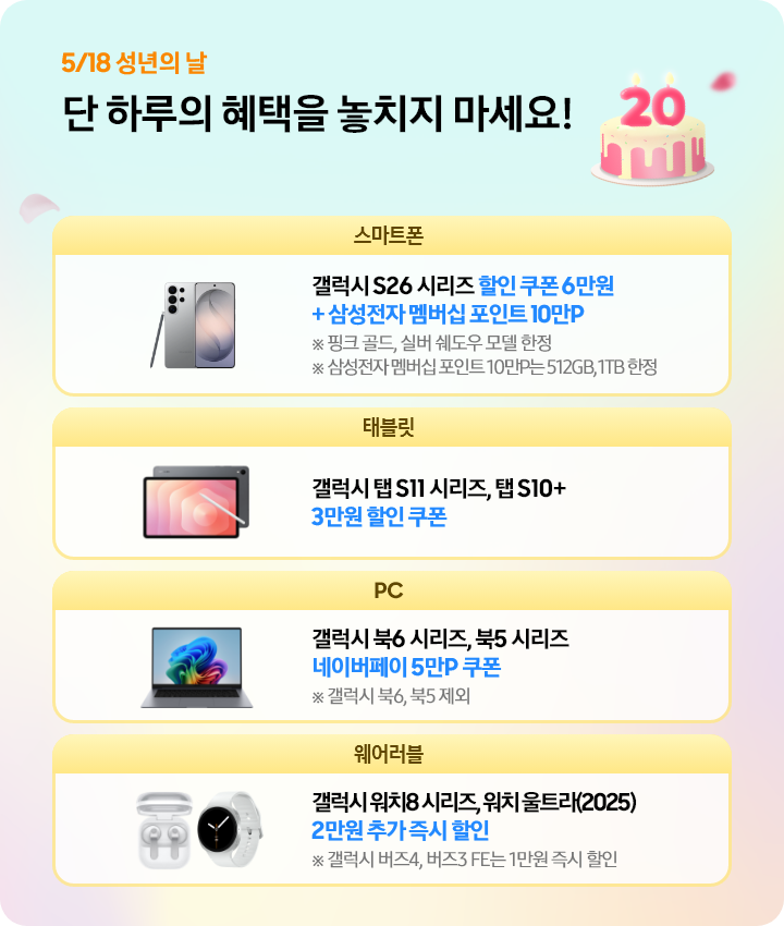 민트색, 핑크색, 주황색 그라데이션 배경에 ‘5/18 성년의 날 단 하루의 혜택을 놓치지 마세요!’ 카피가 있고 우측 핑크빛 배경에 케이크와 숫자초 20이 꽃혀있는