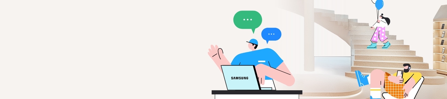 좌측에는 말풍선이 달려있는 남자 일러스트가 있고 노트북에 samsung이라고 써있으며, 우측에는 계단을 올라가고 있는 어린아이와 쇼파에서 쉬고 있는 어른이 있는 일러스트