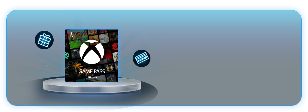다양한 게임 썸네일 이미지 위로 3개월 Xbox GAME PASS Ultimate가 쓰여있는 아이콘, 주변에는 파란색 네온사인으로 빛나고 있는 선물 상자, 카드 아이콘