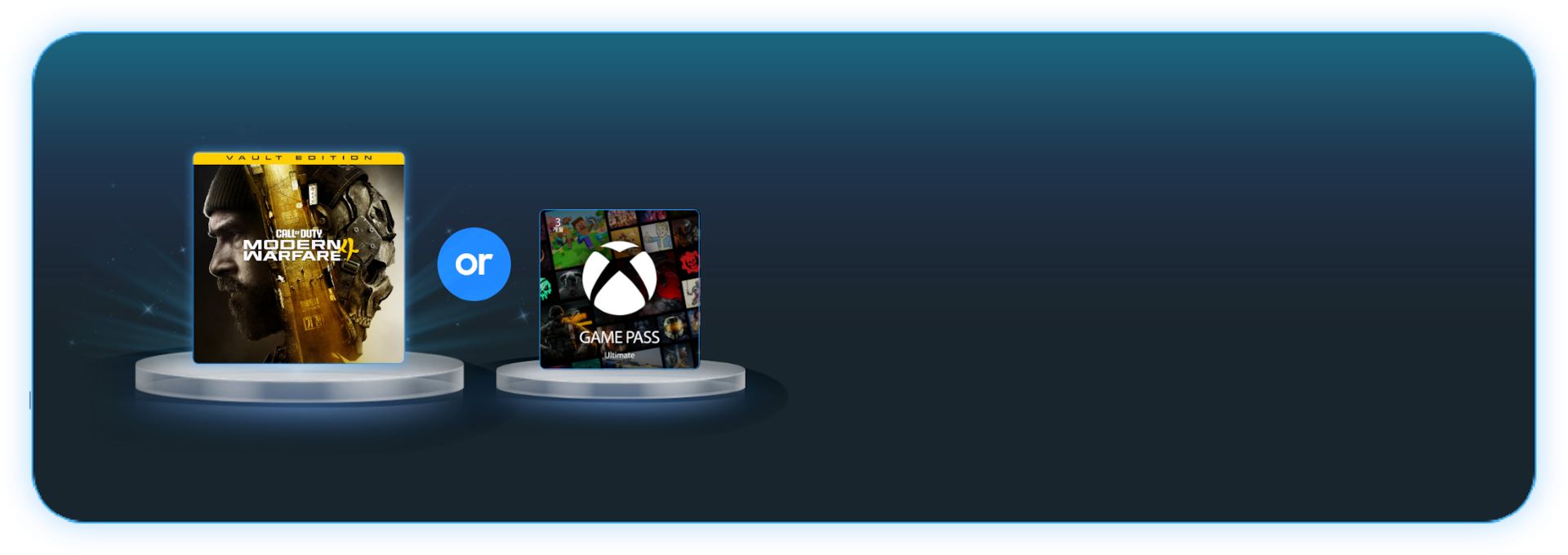단상 위로 Call Of Duty Modern Warfare 4 썸네일 이미지와 XBOX Game Pass 얼티밋 3개월 이용권 이미지가 있으며, 그 주변으로는 파란색 네온 사인이 빛나는