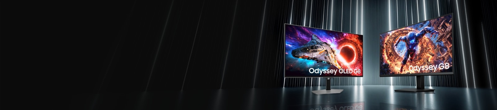 검정색의 배경에 세로로 빛나는 흰색 선들, 그 앞에 배치된 오디세이 OLED G8 제품과 오디세이 G8 6K 제품