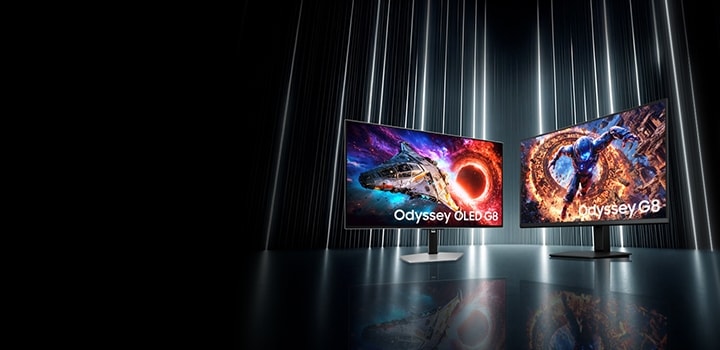 검정색의 배경에 세로로 빛나는 흰색 선들, 그 앞에 배치된 오디세이 OLED G8 제품과 오디세이 G8 6K 제품