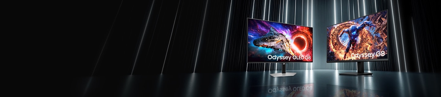 검정색의 배경에 세로로 빛나는 흰색 선들, 그 앞에 배치된 오디세이 OLED G8 제품과 오디세이 G8 6K 제품