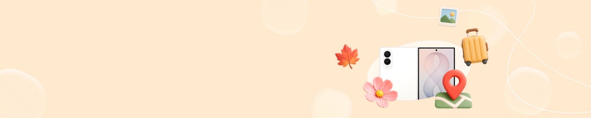 폴드8 : 베이지색 배경에 물방울 모양이 떠있고, 나뭇이잎, 폴라로이드 사진, 지도 핀, 캐리어, 꽃잎 이모지 가운데 갤럭시 폴드8 크림이 놓여진 모습