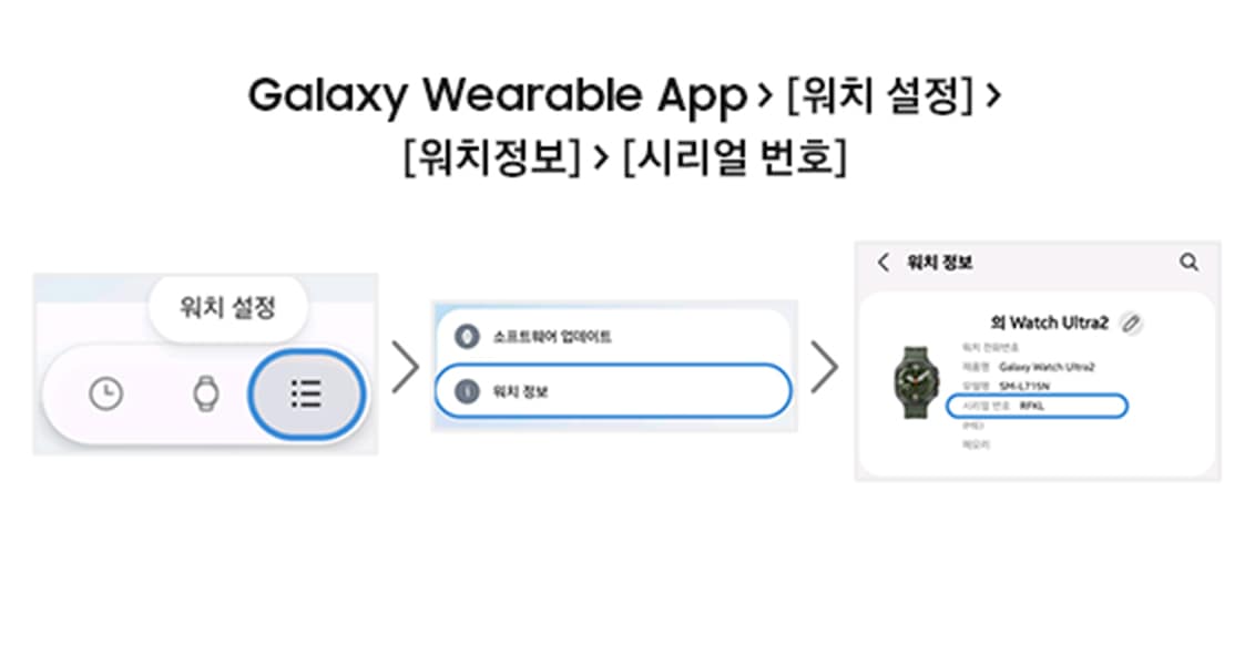 Galaxy Wearable 앱 워치 설정 화면 예시, Galaxy Wearable 앱 워치 정보 화면 에시, Galaxy Wearable 앱 시리얼 번호 확인 화면 예시