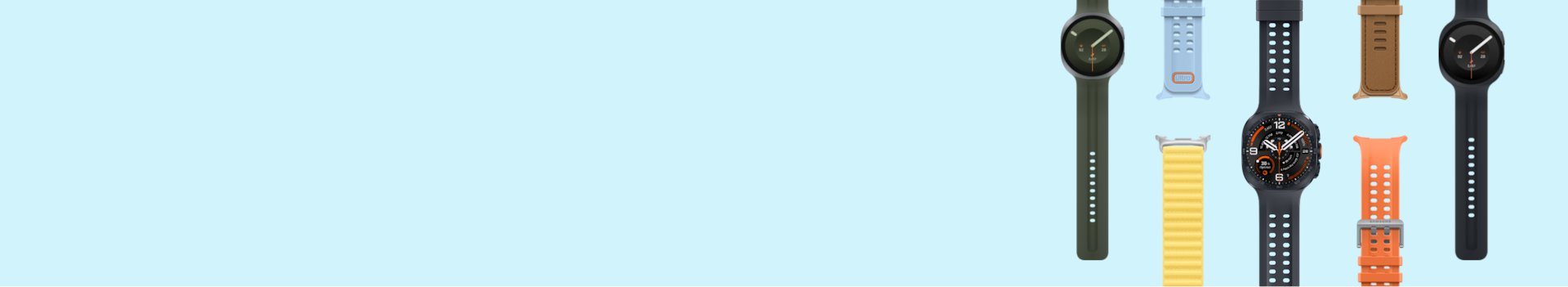 하늘색 배경에 갤럭시 워치 울트라2 | 워치9 클래식 제품과 다양한 워치 밴드가 세로로 함께 놓여 있음