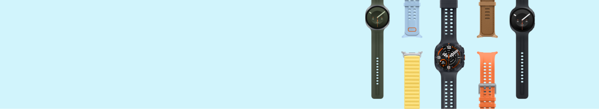 하늘색 배경에 갤럭시 워치 울트라2 | 워치9 클래식 제품과 다양한 워치 밴드가 세로로 함께 놓여 있음