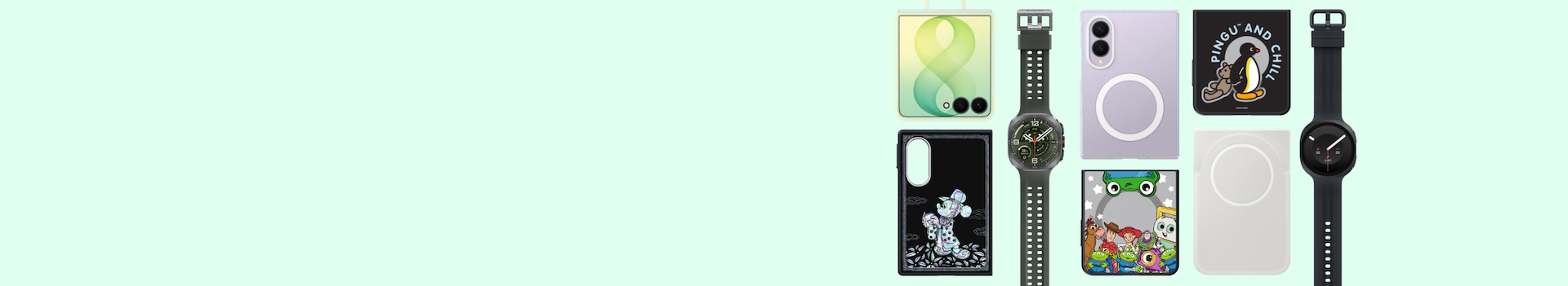 초록색 배경에 순서대로 Z 플립8, Z 폴드8, Z 폴드8 울트라의 정품 케이스, 디즈니 케이스, 투명 마그넷 케이스, 토이스토리 케이스, 핑구, 케이스, 카카오프렌즈 케이스 와 같은 정품 케이스, 브랜드 콜라보 케이스가 있고 사이에 갤럭시 워치 울트라2, 갤럭시 워치 울트라8이 있는 모습