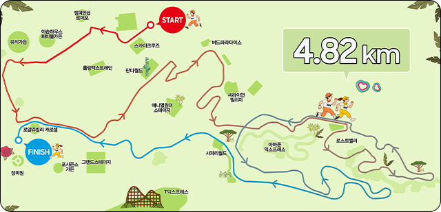 에버랜드 러닝 코스 맵 (4.82 KM START 스카이크루즈 롤링엑스트레인/챔피언쉽로데오 이솝하우스 페이블가든 뮤직가든 판다월드 애니멀원더 스페이지 버드파라다이스 씨라이언 빌리지 로스트밸리 아마존익스프레스 T익스프레스 사파리월드 그랜드스테이지 포시즌스가든 로얄쥬빌리 캐로셀 장미원 FINISH)