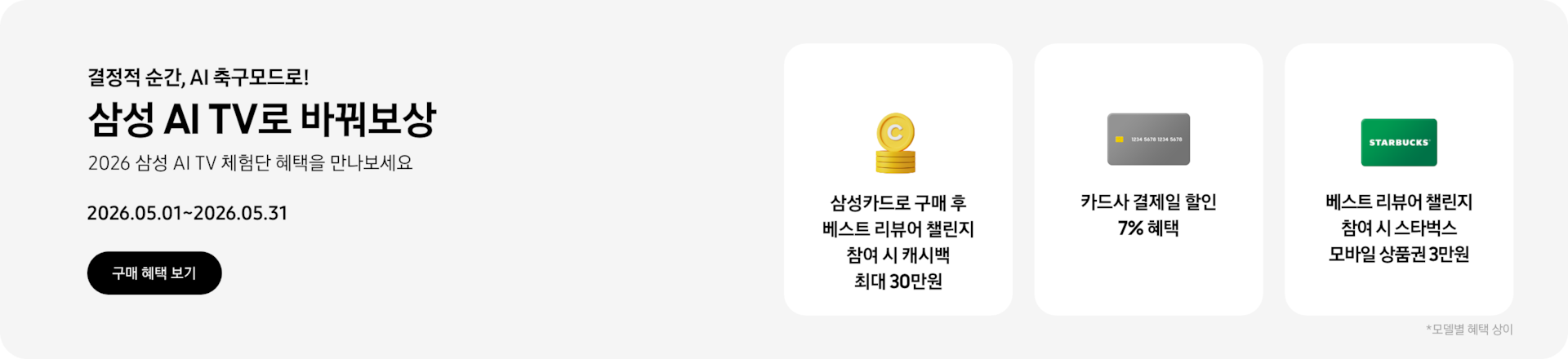 결정적 순간, AI 축구모드로!, 삼성 AI TV로 바꿔보상, 2026 삼성 AI TV 체험단 혜택을 만나보세요, 2026.05.01~2026.05.31 구매 혜택 보기.  쌓여있는 동전 위로 세워져 있는 C가 새겨진 노란색 동전, 삼성카드로 구매 후 베스트 리뷰어 챌린지 참여 시 캐시백 최대 30만원  회색 카드, 카드사 결제일 할인 7% 혜택  초록색 스타벅스 카드, 베스트 리뷰어 챌린지 참여 시 스타벅스 모바일 상품권 3만원  *모델별 혜택 상이.