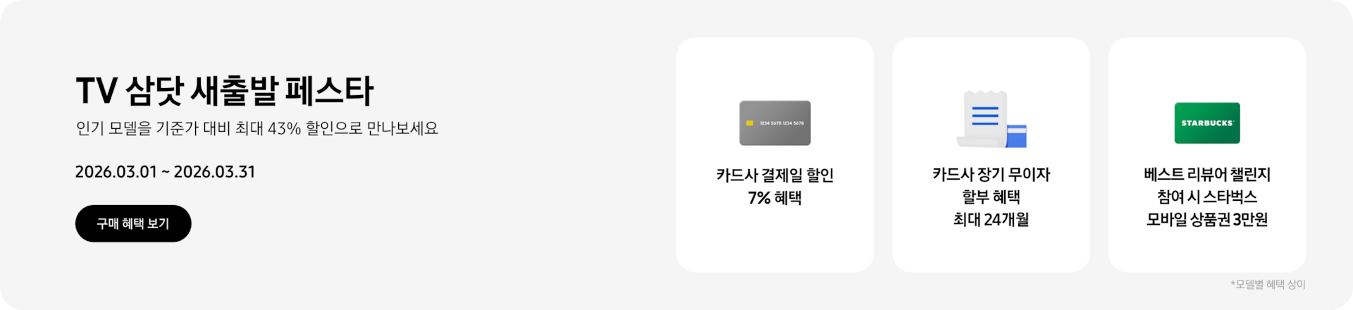 TV 삼닷 새출발 페스타, 인기 모델을 기준가 대비 최대 43% 할인으로 만나보세요 2026.03.01~2026.03.31 구매 혜택 보기.  회색 카드, 카드사 결제일 할인 7% 혜택  하얀색 영수증과 파란색 카드, 카드사 장기 무이자 할부 혜택 최대 24개월  초록색 스타벅스 카드, 베스트 리뷰어 챌린지 참여 시 스타벅스 모바일 상품권 3만원  *모델별 혜택 상이.