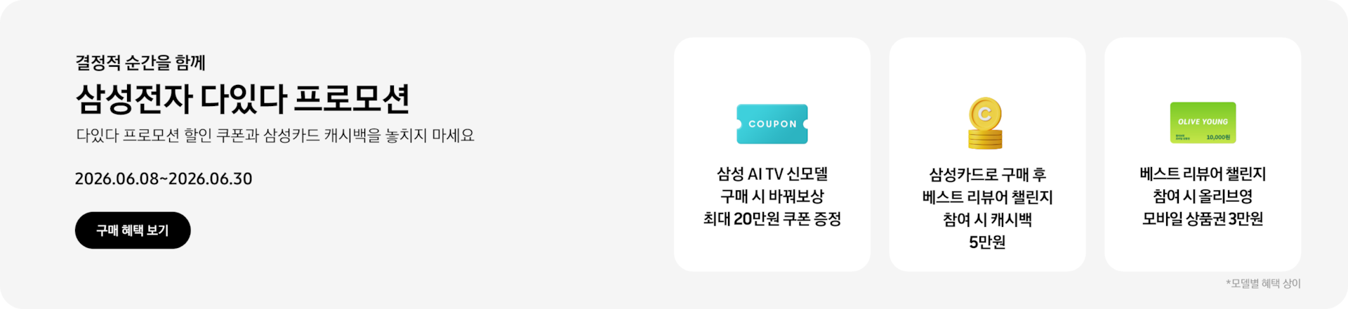 결정적 순간을 함께, 삼성전자 다있다 프로모션, 다있다 프로모션 할인 쿠폰과 삼성카드 캐시백을 놓치지 마세요, 2026.06.08~2026.06.30 구매 혜택 보기.  COUPON이 적혀있는 하늘색 쿠폰 아이콘, 삼성 AI TV 신모델 구매 시 바꿔보상 최대 20만원 쿠폰 증정  쌓여있는 동전 위로 세워져 있는 C가 새겨진 노란색 동전, 삼성카드로 구매 후 베스트 리뷰어 챌린지 참여 시 캐시백 5만원  OLIVE YOUNG 로고와 10,000원이 쓰여 있는 연두색 카드 아이콘, 베스트 리뷰어 챌린지 참여 시 올리브영 모바일 상품권 3만원  *모델별 혜택 상이.