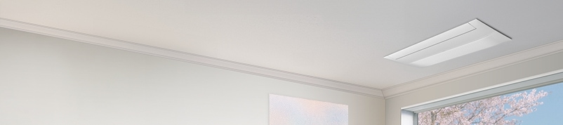 천장에 Infinite Line 무풍 시스템에어컨이 설치되어 있으며, 아래에는 봄 풍경이 보이는 통창과 추상화 그림이 조화를 이루는