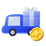 선물 상자를 싣고 있는 파란색 트럭 앞 노란색 코인이 겹쳐있는 아이콘