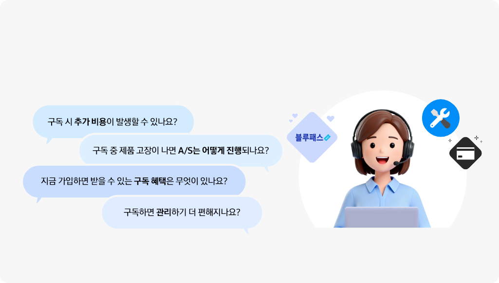 구독 시 추가 비용이 발생할 수 있나요? 구독 중 제품 고장이 나면 A/S는 어떻게 진행되나요? 지금 가입하면 받을 수 있는 구독 혜택은 무엇이 있나요? 구독하면 관리하기 더 편해지나요? 말풍선 우측으로는 여성 상담사 아이콘이 배치되어 있으며, 여성 상담사 왼쪽으로는 블루패스 아이콘과 우측으로는 수리, 카드 아이콘이 배치되어 있습니다.