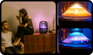 우드톤 선반 위에 앉아있는 여자와 의자에 앉은 남자, 그리고 옆에서 빛나고 있는 하만카돈 AURA STUDIO 5