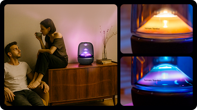 우드톤 선반 위에 앉아있는 여자와 의자에 앉은 남자, 그리고 옆에서 빛나고 있는 하만카돈 AURA STUDIO 5