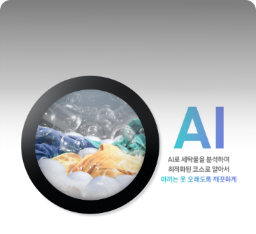 원 안에 빨래가 있으며 우측에는 AI가 쓰여있고 그 밑에는 'AI로 세탁물을 분석하여 최적화된 코스로 알아서 아끼는 옷 오래도록 깨끗하게'라고 쓰여있는