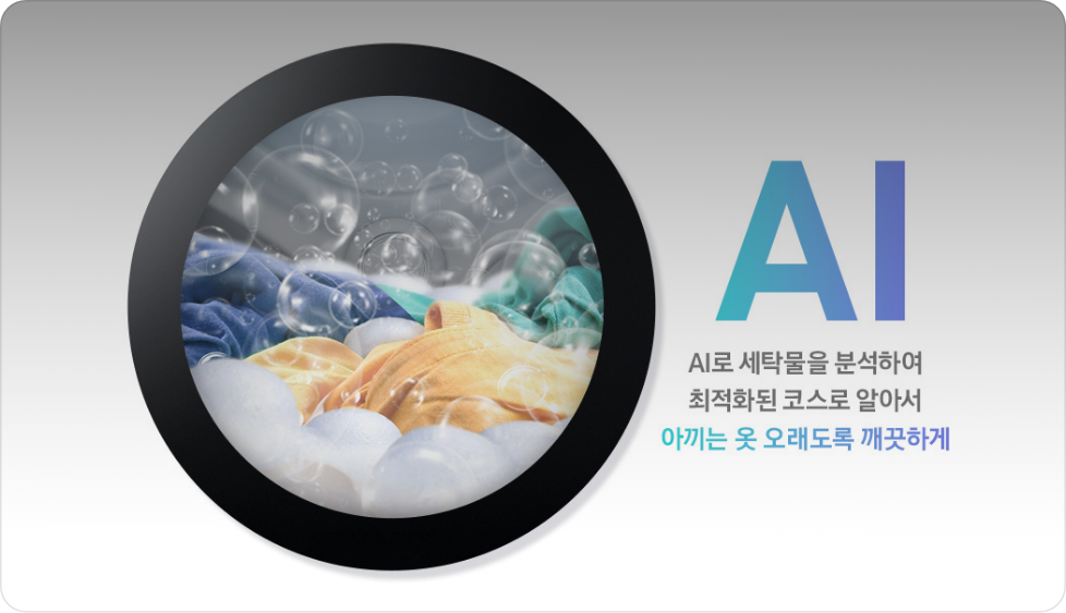 원 안에 빨래가 있으며 우측에는 AI가 쓰여있고 그 밑에는 'AI로 세탁물을 분석하여 최적화된 코스로 알아서 아끼는 옷 오래도록 깨끗하게'라고 쓰여있는