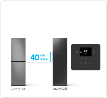 2023년형 에어드레서와 2026년형 에어드레서 차이를 보여주고 있으며, 디스플레이 위치가 23년형보다 40cm 높아지고 넓어진 모습