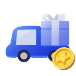 파란색 트럭 위로 선물 상자와 황금색 코인 이미지