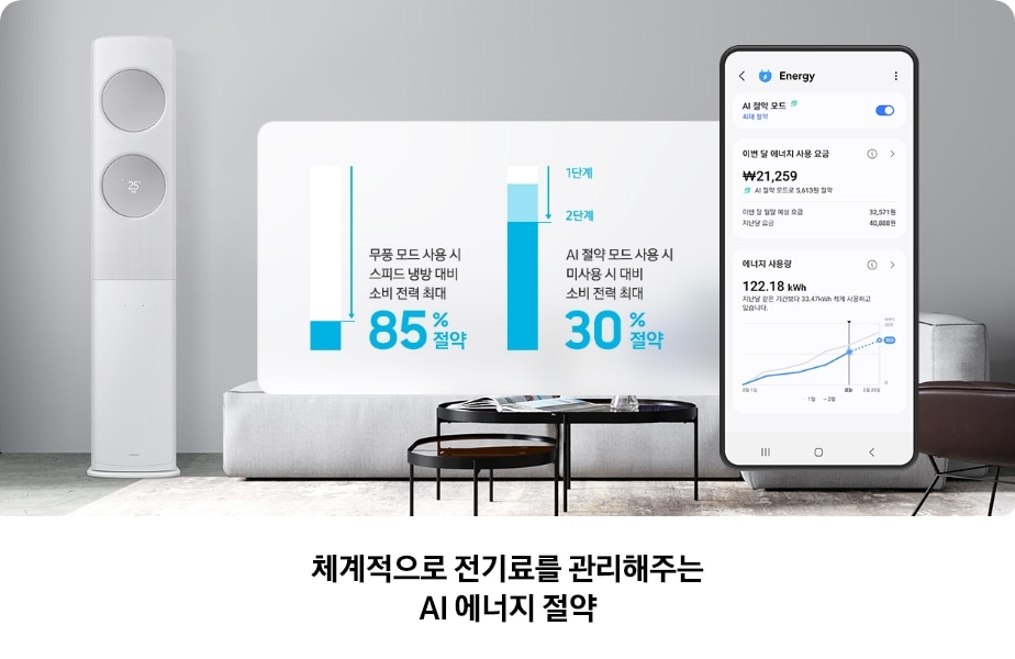 그레이톤 거실 공간 좌측에 Bespoke AI 무풍 클래식이 배치되어 있으며, 우측에 무풍 모드 사용 시 max 냉방 대비 소비 전력 최대 90% 절약, AI 절약 모드 사용 시 미사용 시 대비 소비 전력 최대 30% 절약을 설명하는 그래프가 함께 표시되어 있는
