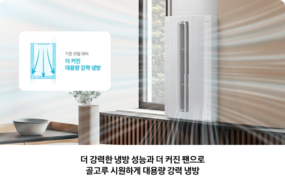 Bespoke 무풍에어컨 윈도우핏 제품에서 강력한 바람이 퍼져나가는 모습과 함께, '기존 모델 대비 더 커진 대용량 강력 냉방'이라는 그래픽이 삽입되어 있음. 하단에는 '더 강력한 냉방 성능과 더 커진 팬으로 골고루 시원하게 대용량 강력 냉방'이라는 문구가 표시되어 있는