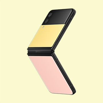 전면 옐로우, 후면 핑크 색상의 블랙 프레임 갤럭시 Z 플립3 비스포크 에디션