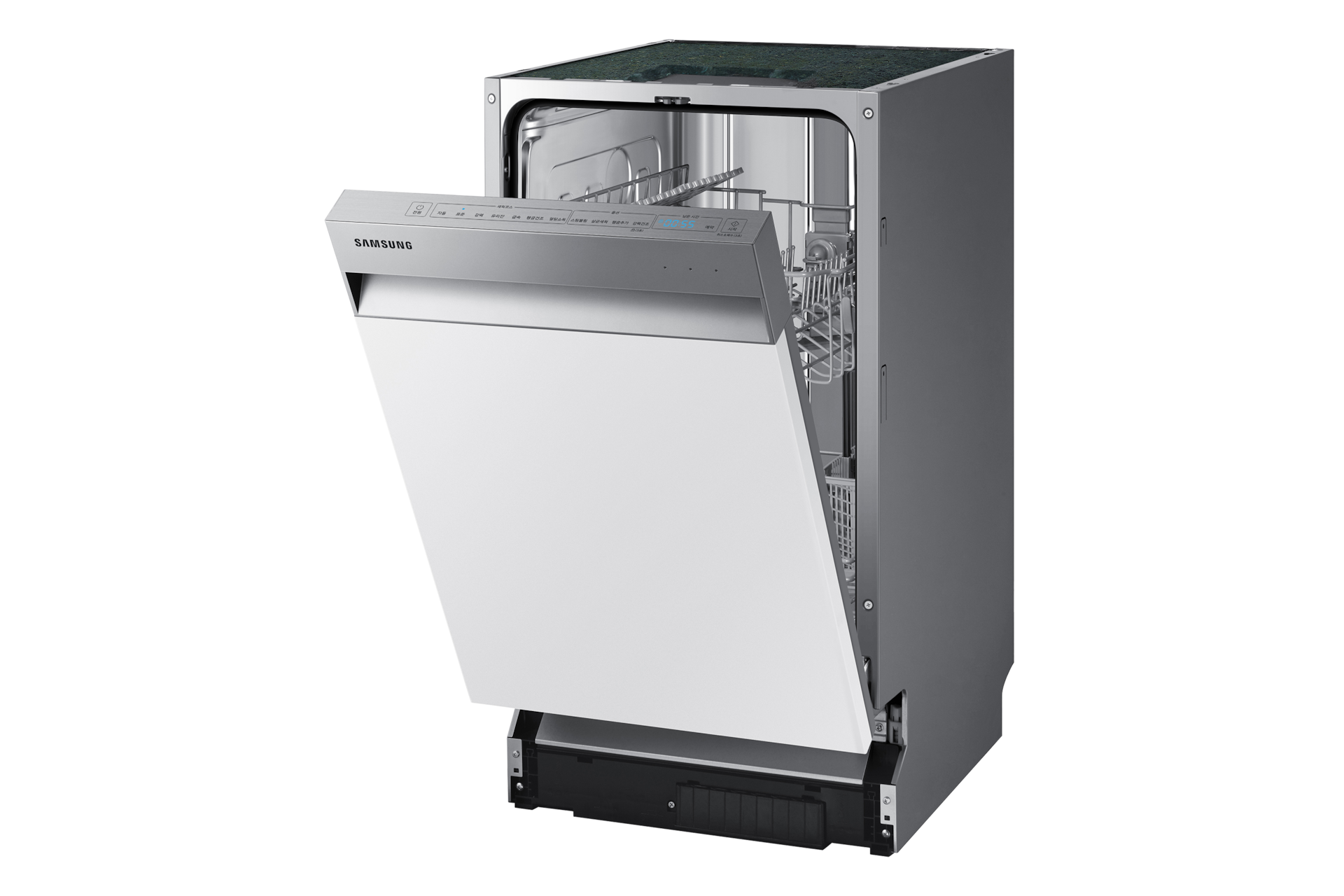 식기세척기 세미 빌트인 8인용 실버 제품 앞면 오른쪽 30도 도어 반쯤 열림