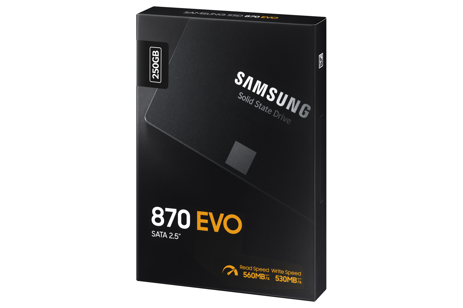 870 EVO SATA SSD 250 GB 블랙 제품 패키지 정면 좌측으로 돌린 이미지
