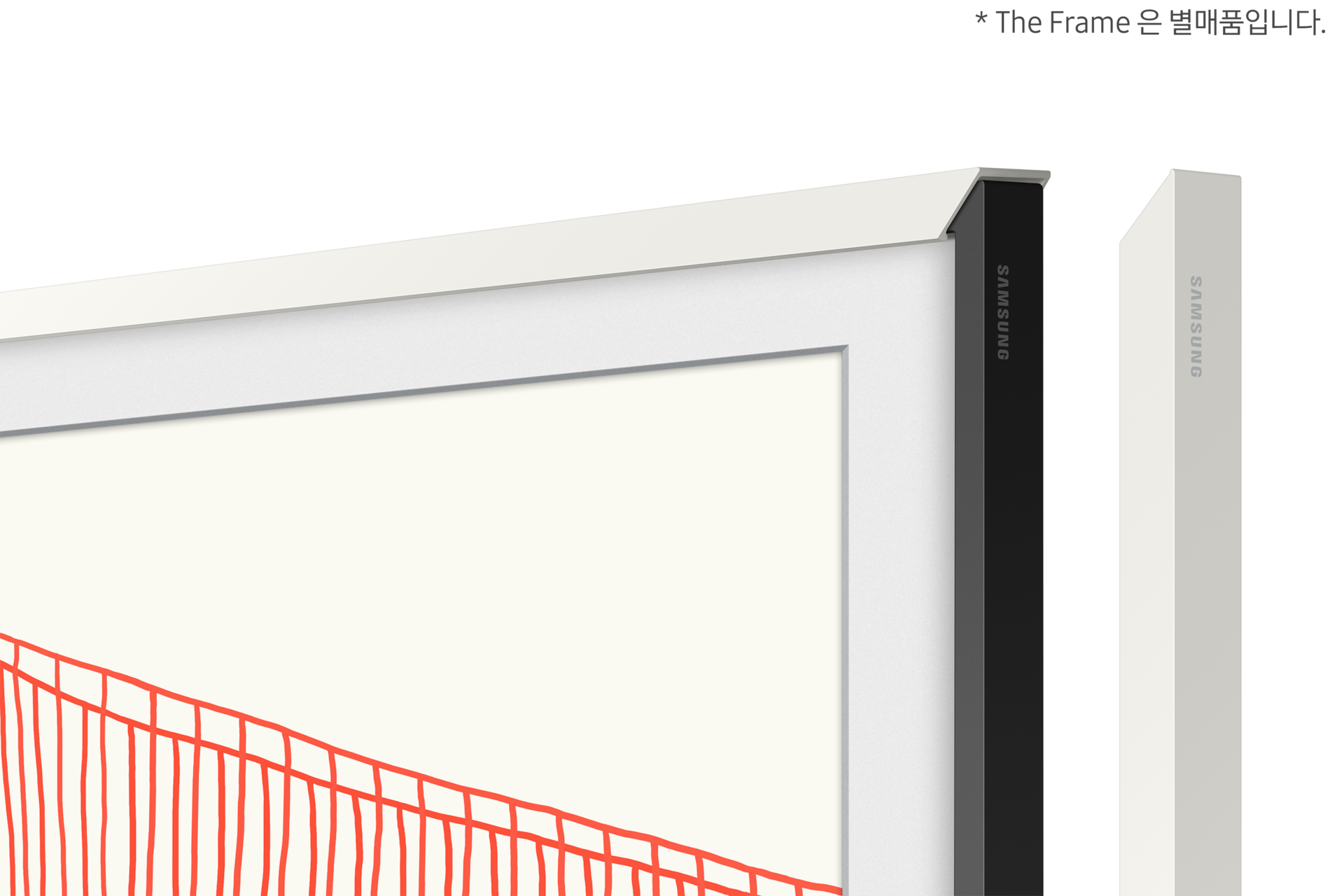 ('21년) 플랫 화이트 베젤 189 cm 용 프레임이 설치된 TV 오른쪽 옆모습