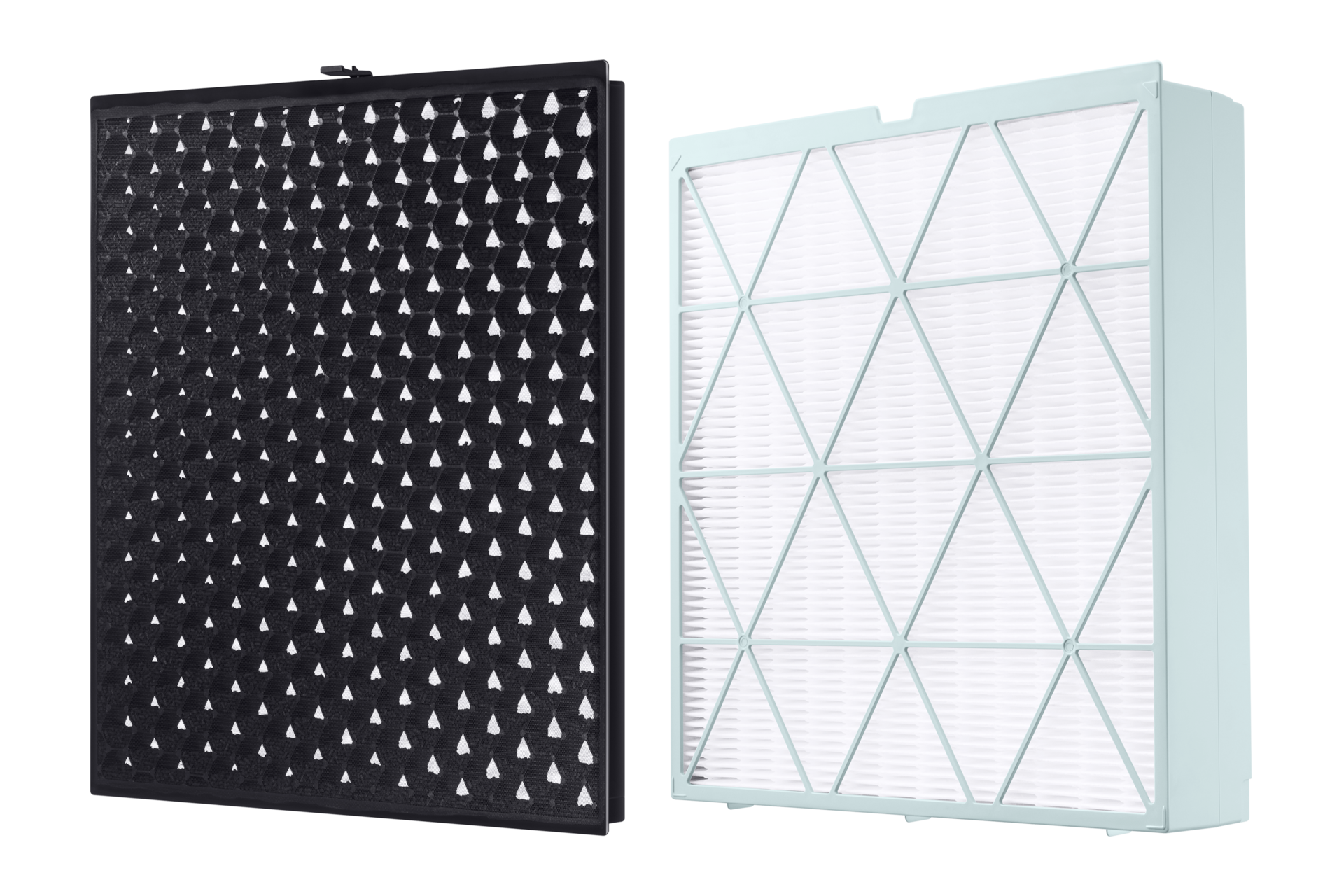 큐브 소형 필터 블랙 숯 탈취필터 오른쪽 측면 + 큐브 소형 필터 초미세청정 집진필터 오른쪽 측면