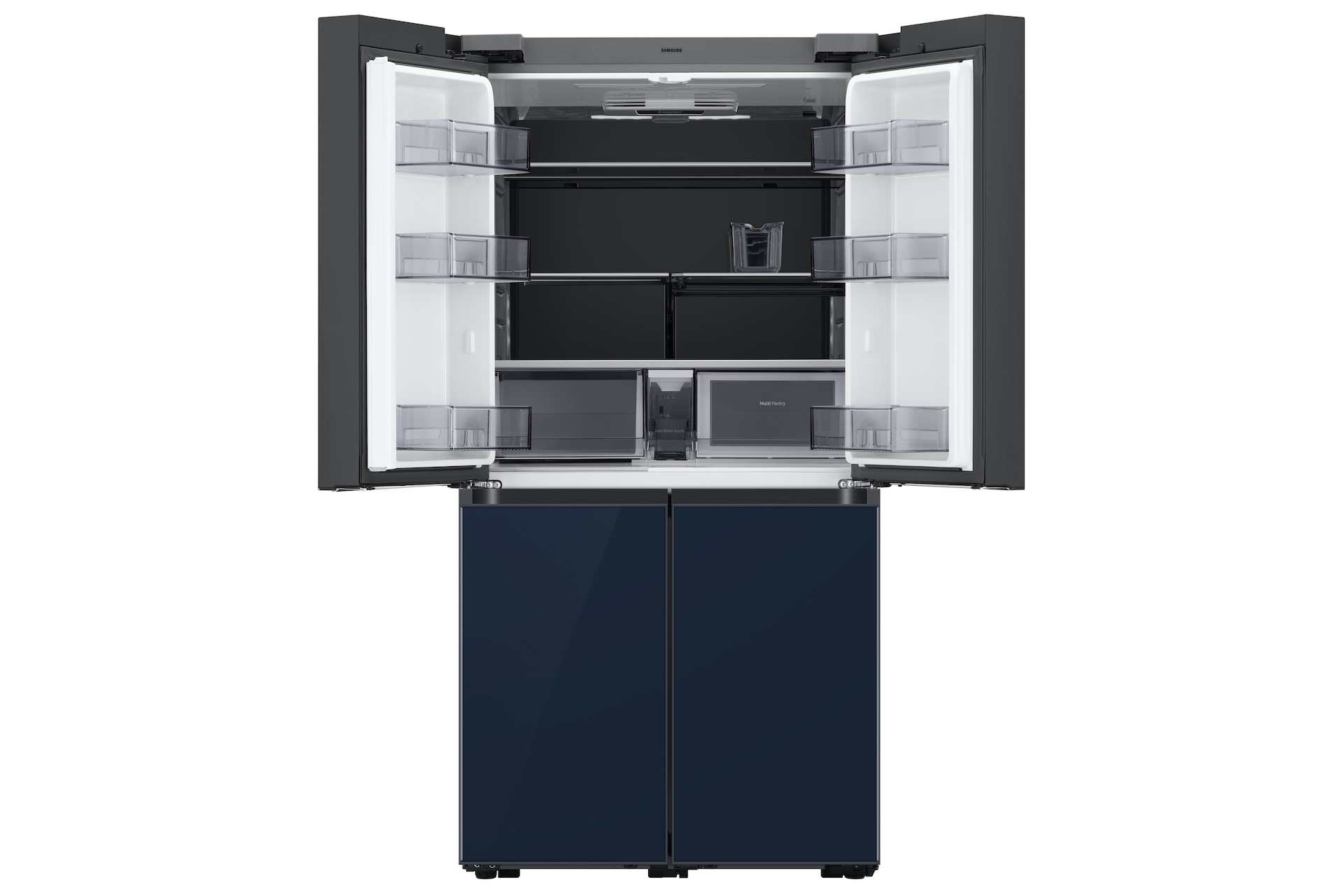 Bespoke AI 패밀리허브 4도어 838L (빅아이스/큐브) 글램 네이비 상단 도어 오픈