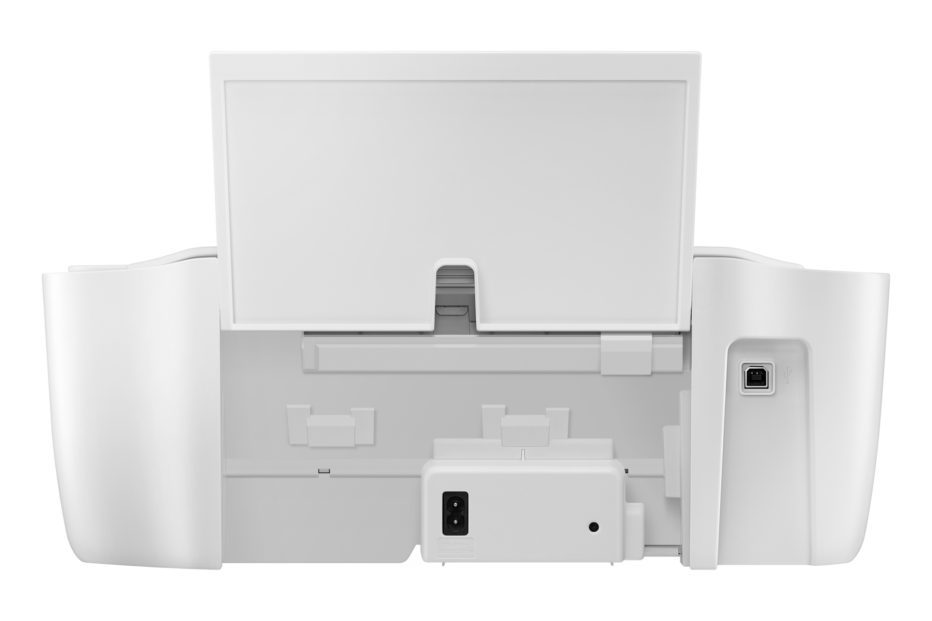 잉크젯 복합기 20/16 ppm 화이트 제품 종이 넣는 곳이 올라가 있는 후면 사진