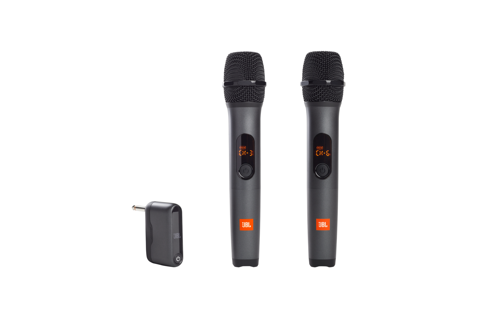 JBL 무선 마이크 2개 및 수신기 측면