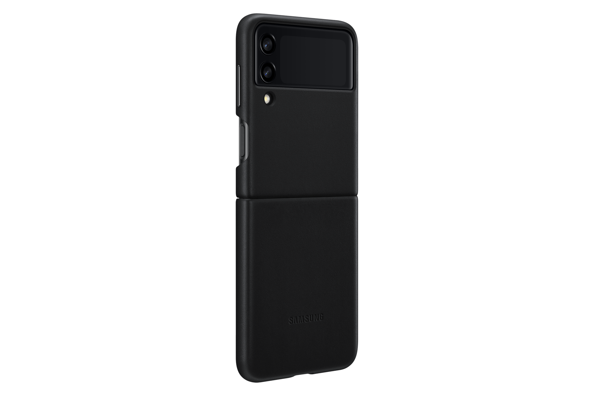 갤럭시 Z 플립3 5G 레더 커버 (블랙) 제품에 갤럭시 Z 플립을 장착하여 펼쳐져 기울어있는 정면 이미지 