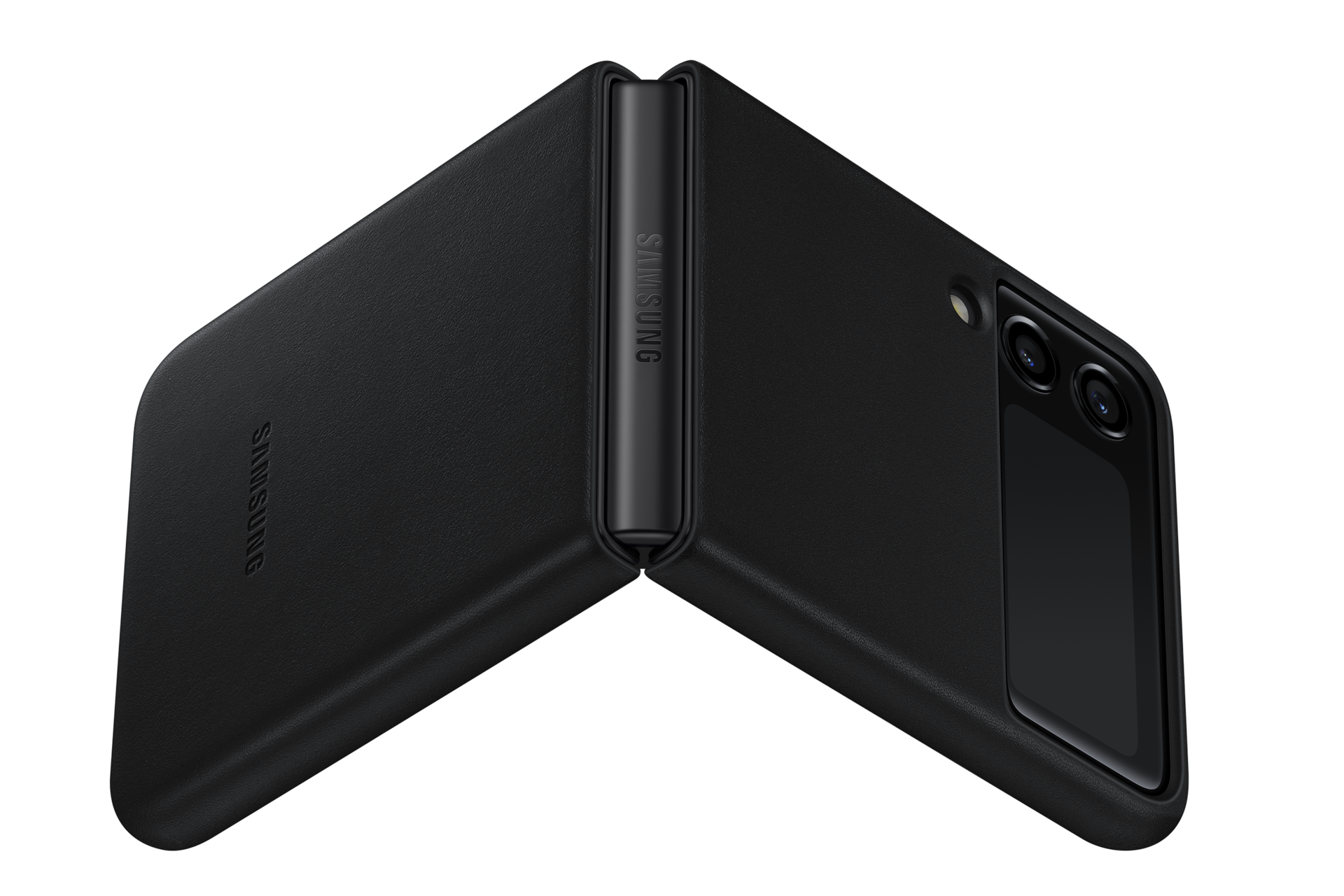 갤럭시 Z 플립3 5G 레더 커버 (블랙) 제품에 갤럭시 Z 플립을 장착하여 반으로 접힌 정면 이미지 