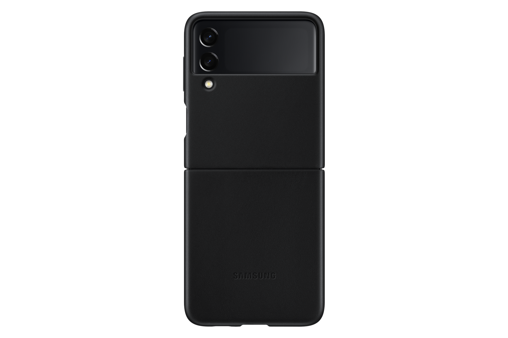 갤럭시 Z 플립3 5G 레더 커버 (블랙) 제품에 갤럭시 Z 플립을 장착하여 펼쳐진 정면 이미지 