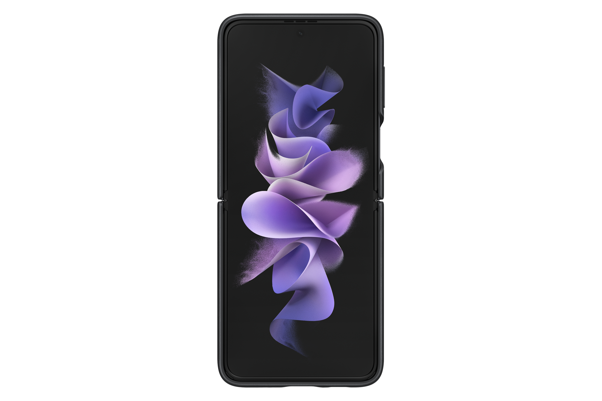 갤럭시 Z 플립3 5G 레더 커버 (블랙) 제품에 갤럭시 Z 플립을 장착하여 펼쳐진 후면 이미지 