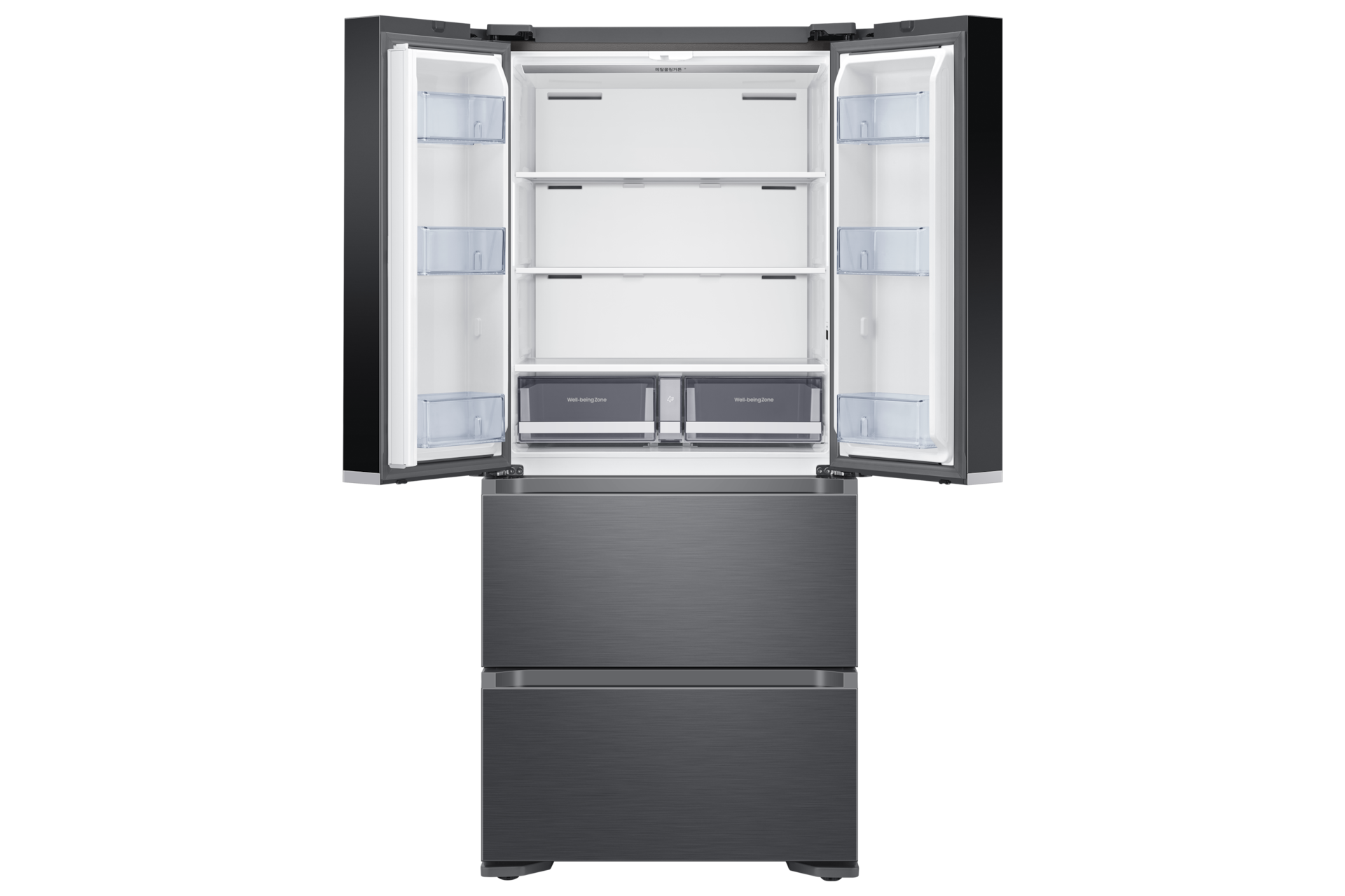 김치플러스 4도어 490L 리파인드 이녹스 정면, 상칸 도어 열림