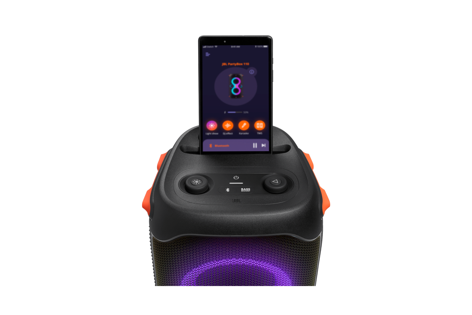 JBL PARTYBOX 110 파티 스피커 제품 윗면 및 태블릿 연결 화면