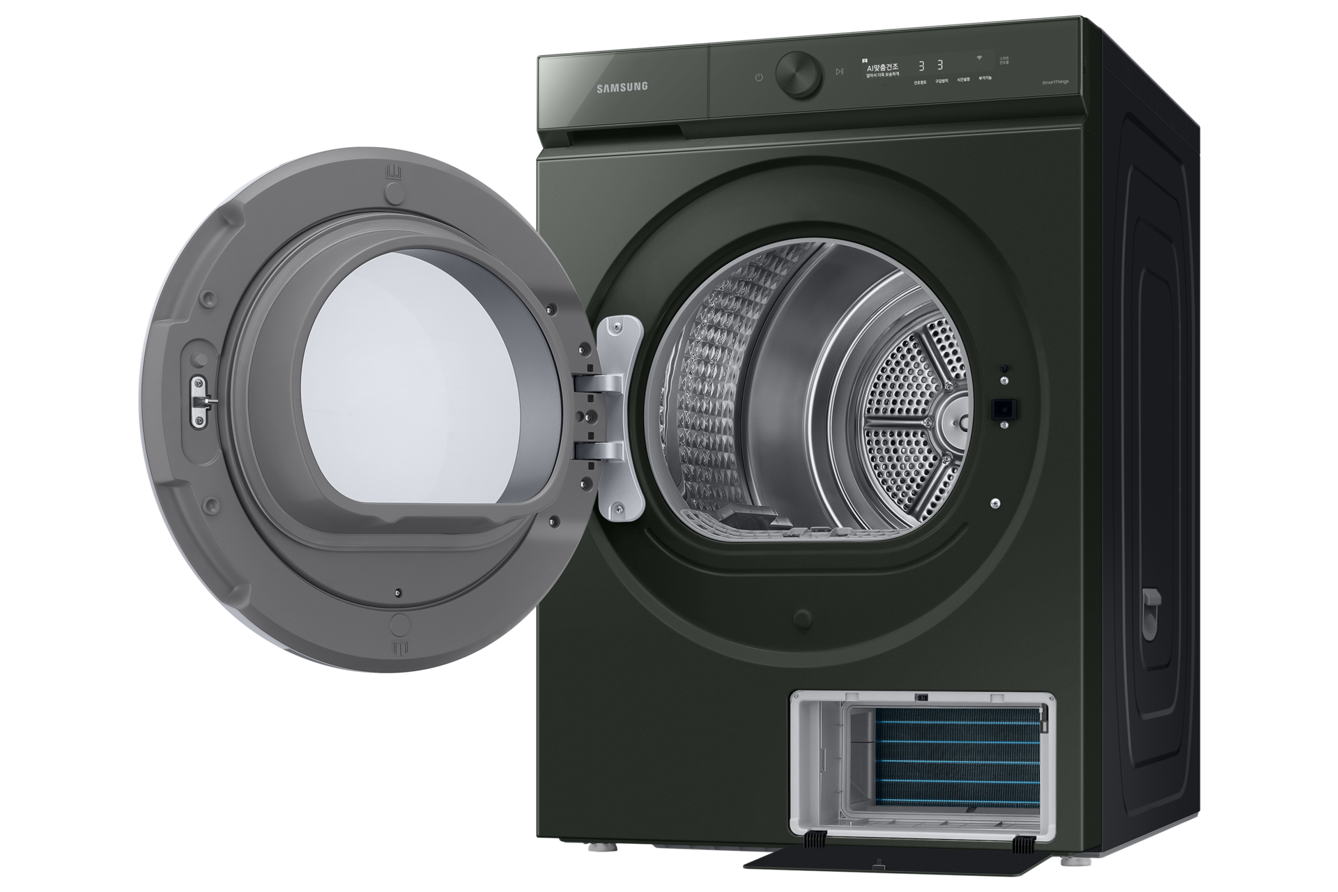 BESPOKE 그랑데 건조기 AI 20 kg 새틴그린 좌측 15도 도어열림