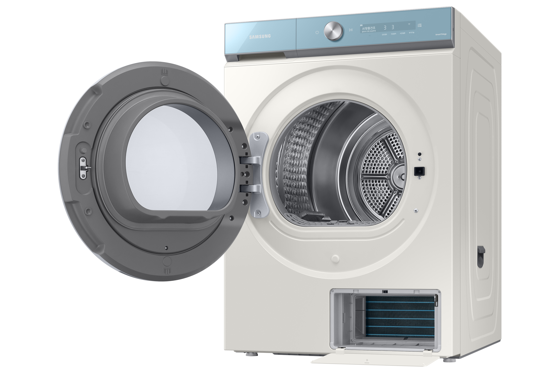 BESPOKE 그랑데 건조기 AI 20 kg 딥모닝블루 좌측 15도 도어열림