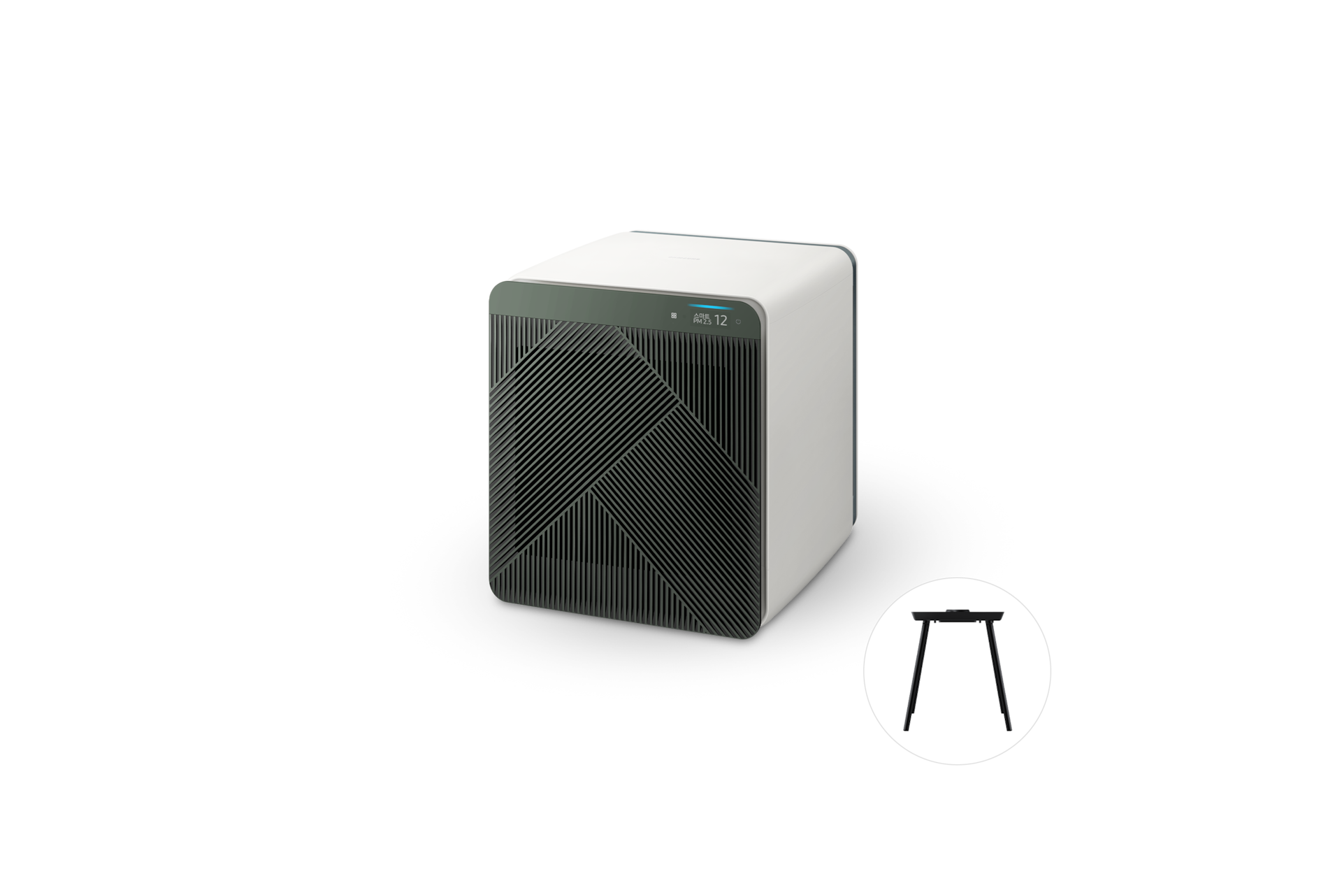 BESPOKE 큐브™ Air (53 ㎡) 딥그린(전면패널, 헤링본) 측면 + 스탠드 블랙 정면 패키지